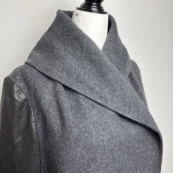Vince Gray and Black Wool and Leather Asymmetrical Zip Coat Shawl Collar - Picture 6 of 16